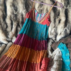 RARE Free People Gilded Caravan Patchwork Sari Silk Maxi Dress